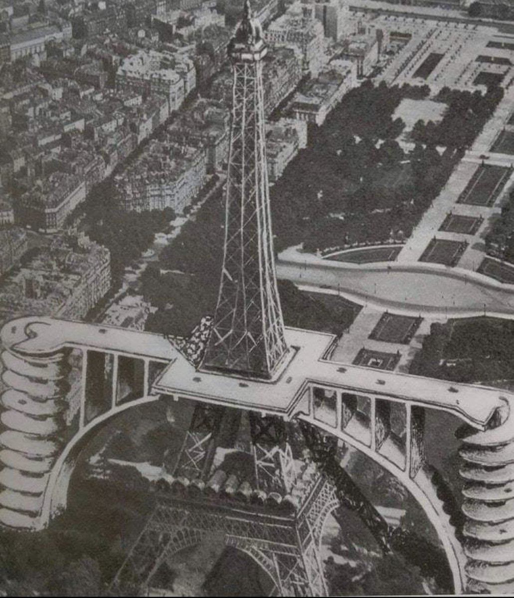 BrianRoemmele's tweet photo. Consider this 1936 plan intended easy access to the second floor of the Eiffel Tower.

It was almost accepted. https://t.co/kXZ6No3YkJ