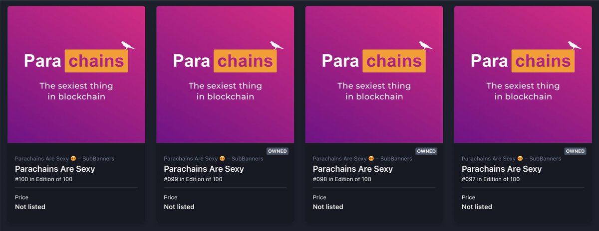 SubsocialChain's tweet photo. We have minted the "Parachains Are Sexy 😍" banner created by the Subsocial Team 😂 

There are only 100 copies – the number of parachain slots on @kusamanetwork / @Polkadot 

https://t.co/qSSXlaRNuQ

#SubBanners https://t.co/ls8LNFTLu9