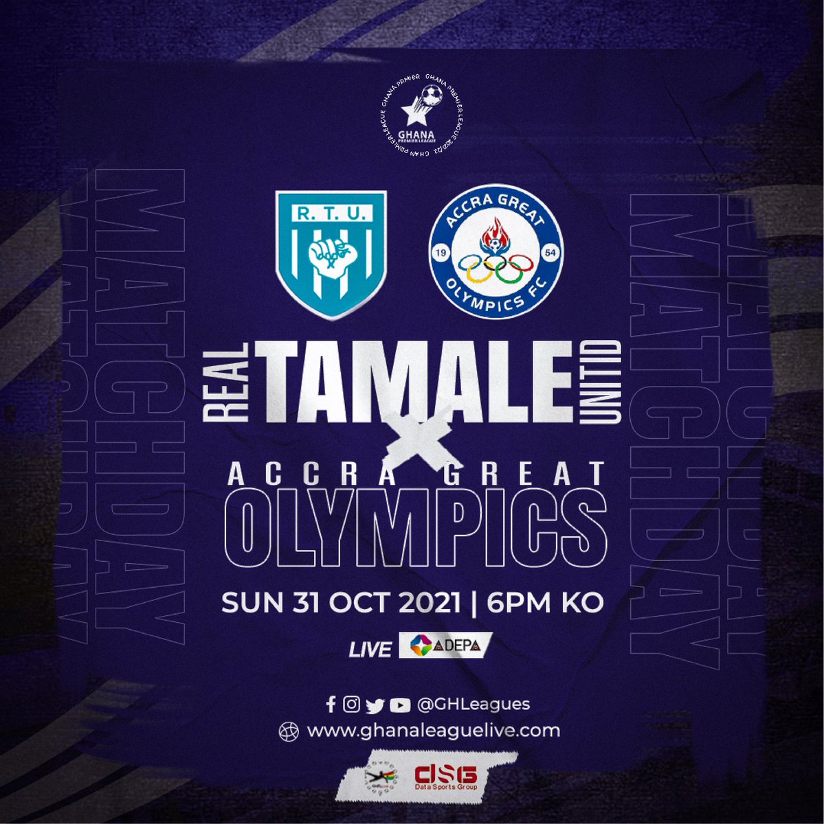 GHLeagues's tweet photo. 🆄🅿 🅽🅴🆇🆃: 

⚽️ Real Tamale United
🆚 Accra Great Olympics 
🕕 6:00 pm
🏟 Aliu Mahama Sports Stadium
📍 Tamale 
📺 @startimesghana Adepa /Max TV https://t.co/PfC3ks5V6U