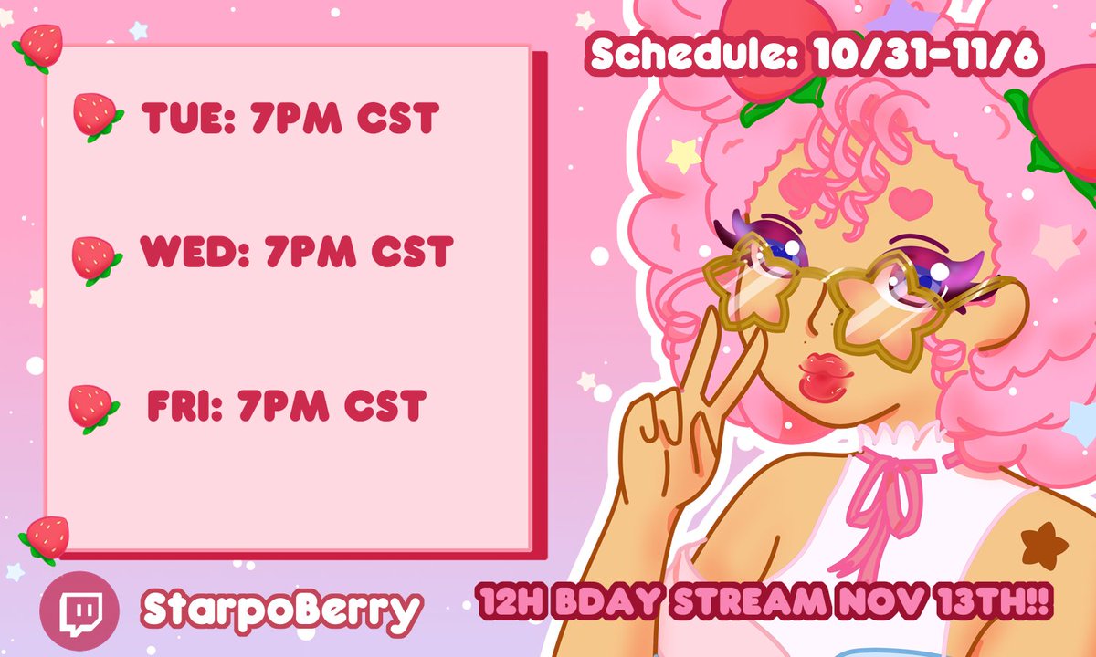 StarpoShop's tweet photo. Schedule is out!~ Gonna try three days this week!! I'm still experimenting with showing my face~ And what's that? A 12H Bday stream on Nov 13th?? Let's give it a shot!!~
#twitchstreamer #twitchaffiliate #blackcontentcreater #blackstreamer https://t.co/lpfWGcLcOI