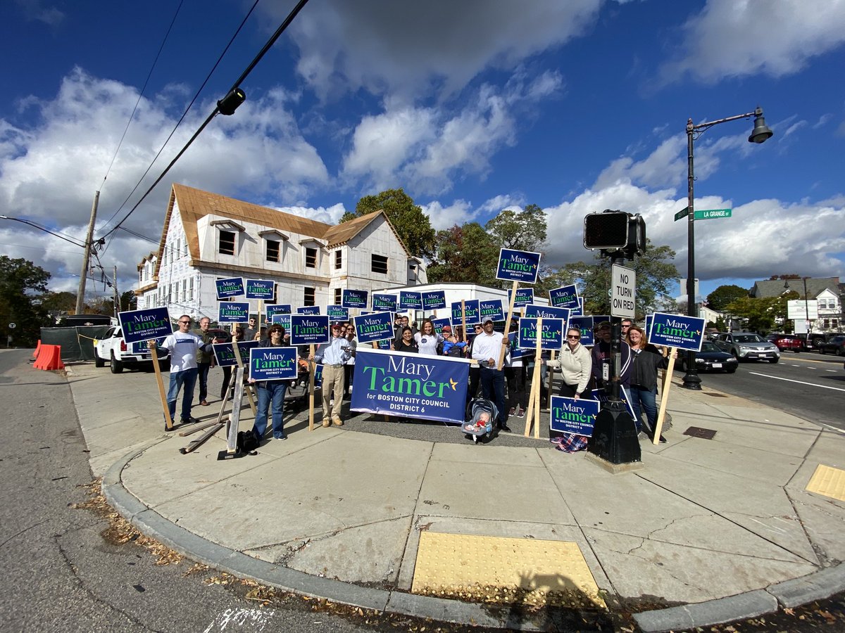 MaryTamerBoston's tweet photo. What an incredible #GOTV standout today, at least 60 strong and we ran out of signs! Thanks to my amazing #TeamTamer supporters and @LOCAL_718. Big ❤️ for my village! #bospoli #District6 #vote https://t.co/h2fpqSoG9o