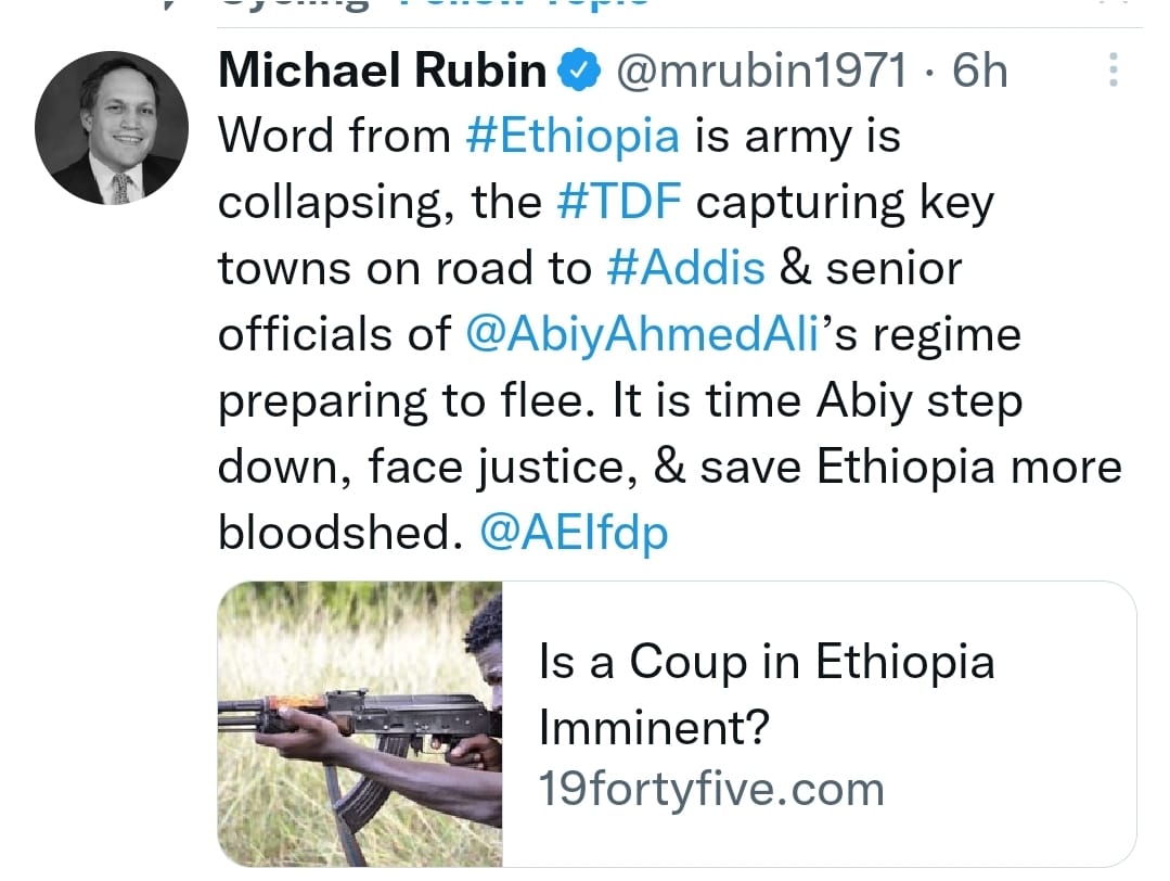 NeaminZeleke's tweet photo. Here is psychological warfare from a man as delusional as his quasi #Nazi TPLF handlers. Rest assured desperado fascists who mobilized 200,000 #Childsoldiers, women, university graduates with deep hatred &amp; #Nazi like #Tigray exceptionalism will be pulverized. @mrubin1971. https://t.co/gdVTsQG3Sm