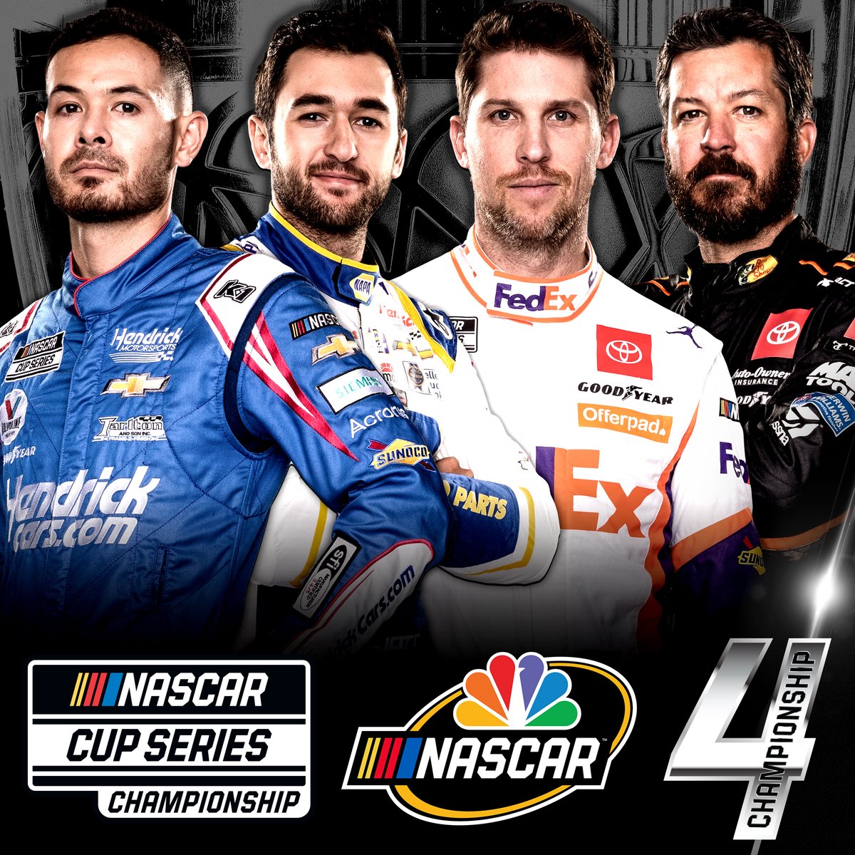 NASCARonUSA's tweet photo. RETWEET if your favorite @NASCAR driver will race for the championship! #NASCARPlayoffs

Your #Championship4 drivers: @KyleLarsonRacin, @chaseelliott, @dennyhamlin and @MartinTruex_Jr! https://t.co/68STN2HC0a