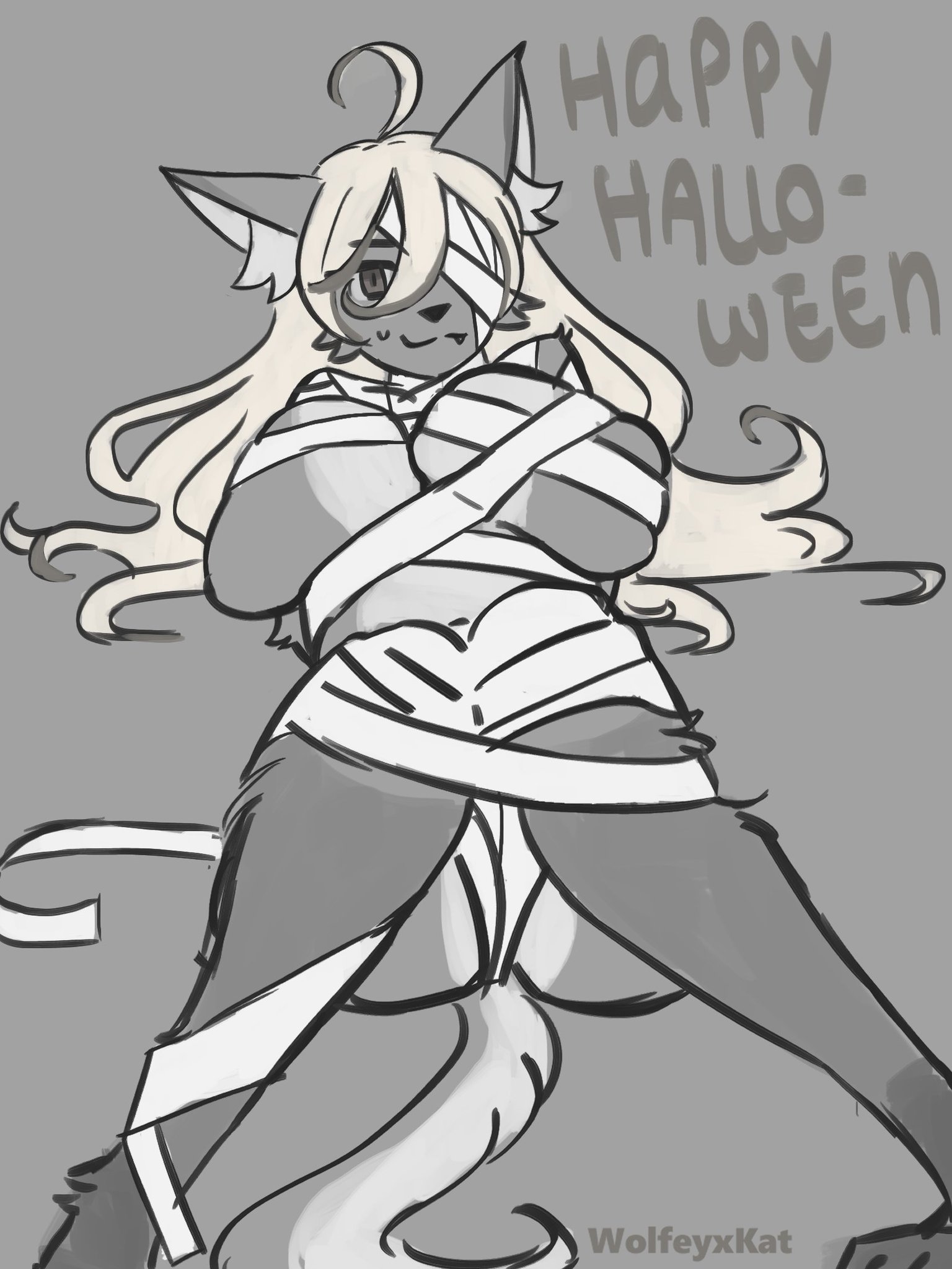 Wolfey celebrating Halloween in a spooky costumePlayful Wolfey illustration for Halloween festivitiesAnimated Wolfey character with a festive Halloween spiritSpooky Wolfey artwork for a Halloween treatWolfey Commissions CLOSED Halloween themed illustration
