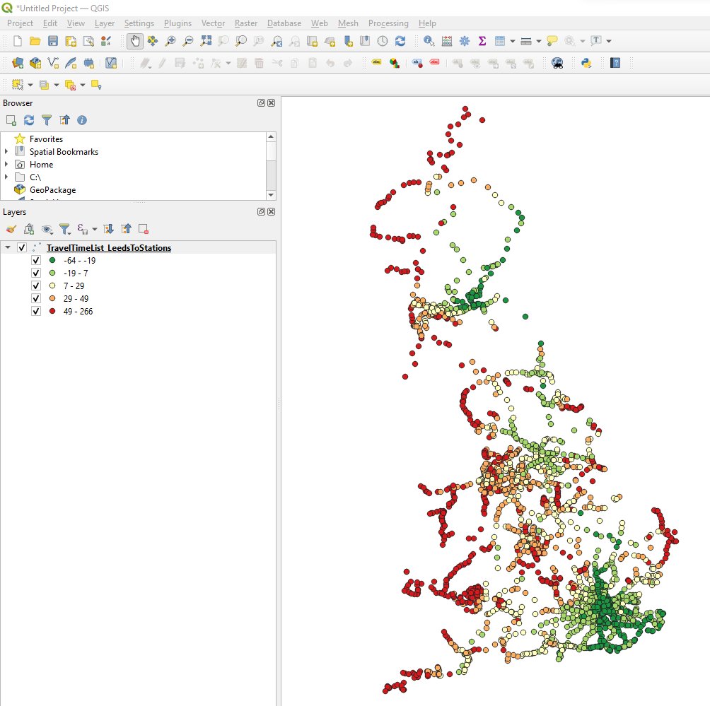 This is the map that I'll use to turn into something prettier. It's every railway station of Great Britain. If it's green you can start at Leeds City Station and get a train there faster than driving. If it's red, the car is quicker.