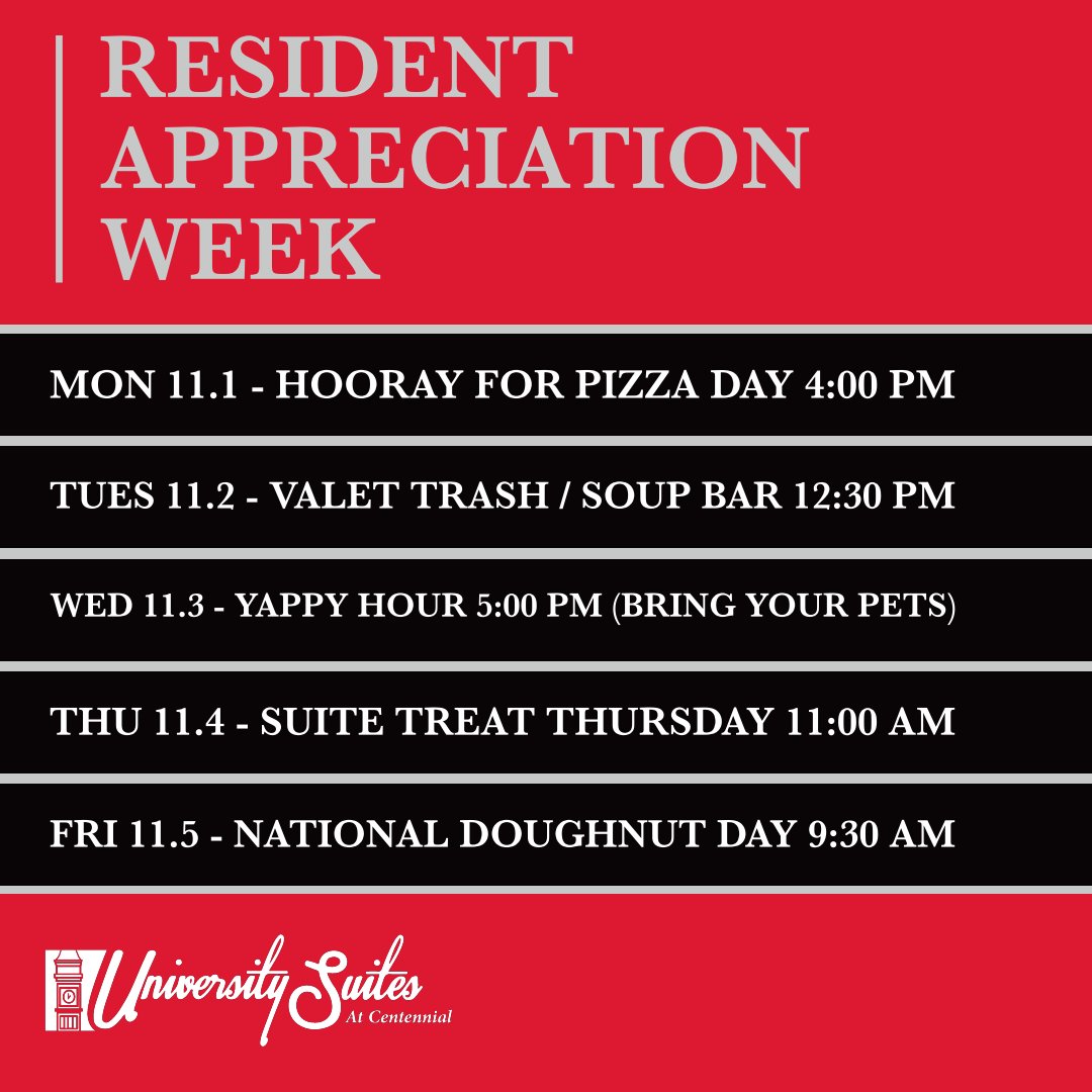 USuitesApts's tweet image. Join us TOMORROW to kick off Resident Appreciation Week (RAW) #wehavethebestresidents #weekoffun #suiteliving #livethesuitelife
