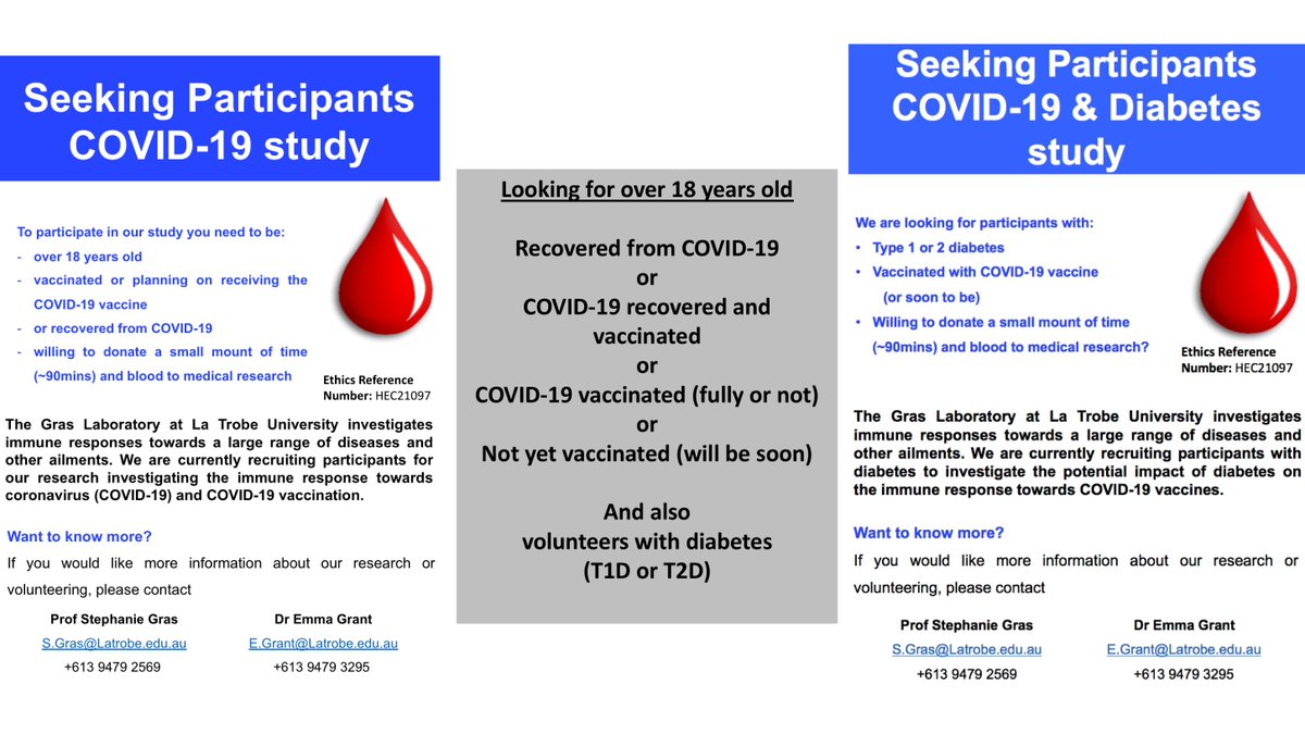 📢 Recruiting Victoria based Volunteers for our #COVID19 research  
<a href="/latrobe/">La Trobe University</a> <a href="/LIMSLTU/">La Trobe Institute for Molecular Science</a> #Immunology <a href="/ASImmunology/">Australian and New Zealand Society for Immunology</a> <a href="/LTUresearchers/">La Trobe Researchers</a> @PAM_latrobe <a href="/ausynchrotron/">Australian Synchrotron</a> @LTUBioGen <a href="/latrobebendigo/">La Trobe University Bendigo</a> 

Please retweet 
Questions to s.gras@latrobe.edu.au
