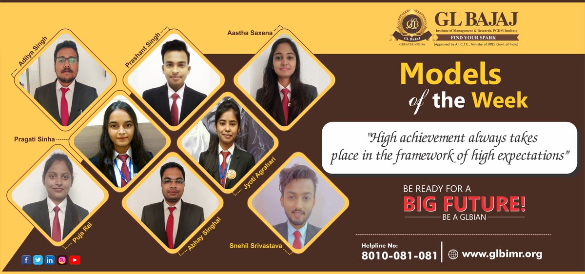 glbajajimr's tweet photo. #ModelsoftheWeek
"High achievement always takes place in the framework of high expectations"
- Aditya Singh, Prashant Singh, Aastha Saxena, Pragati Sinha, Jyoti Agrahari, Puja Rai, Abhay Singhal and Snehil Srivastava, GLBIMR. PGDM Institute, Greater Noida
#GLBajaj #GLBIMR #PGDM https://t.co/jbUaZAlQjE