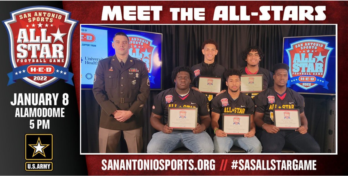 Tune in to <a href="/KABBFOX29/">FOX SA</a> Max Sports at 9:30 p.m. &amp; meet <a href="/SAVeteransFBall/">Veterans Memorial Football™️</a>'s <a href="/kefapereira94/">Kefa Pereira</a>, <a href="/jcsolitaire1/">JC 💎</a> &amp; <a href="/Omariay1/">Omariay</a> and <a href="/JudsonFootball/">Judson Football</a>'s @superdre0 &amp;
<a href="/theogjah/">jahire campos</a> who will play for Team Black in the #SASAllStarGame pres. by <a href="/HEB/">H-E-B</a>. on Jan. 8 in the Alamodome. Congratulations!