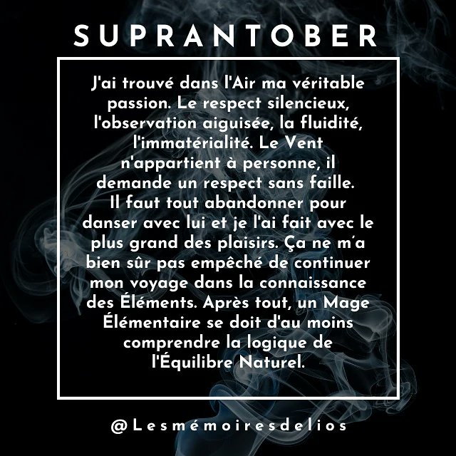 SupranCommunity's tweet photo. Bonsoir 👋
La troisième semaine du #Suprantober
Est  arrivée 😎
Nous commençons par une illustration d'enygma pour le thème terre 🌲
Nous finissons un texte de @MemoiresdeLios avec le thème air 🌬️
À bientôt pour la quatrième semaine sous le thème de l'ésotérisme 😊 https://t.co/T2Hu4ap1xI