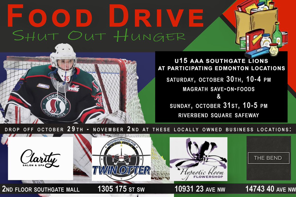 SSAC_U15AAA's tweet photo. Our Foodbank Donation boxes are at the following locations until Friday November 5th. Save-On-Foods (McGrath), Safeway (Riverbend), The Bend & Twin Otter Pubs. You can Drop off your donations at any of these locations 🙏 #ShutOutHunger #foodbank #GiveBack https://t.co/mxAmNyE7KN