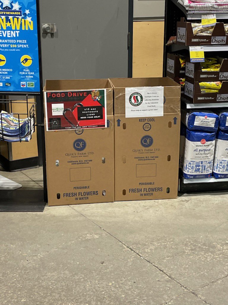 SSAC_U15AAA's tweet photo. Our Foodbank Donation boxes are at the following locations until Friday November 5th. Save-On-Foods (McGrath), Safeway (Riverbend), The Bend & Twin Otter Pubs. You can Drop off your donations at any of these locations 🙏 #ShutOutHunger #foodbank #GiveBack https://t.co/mxAmNyE7KN