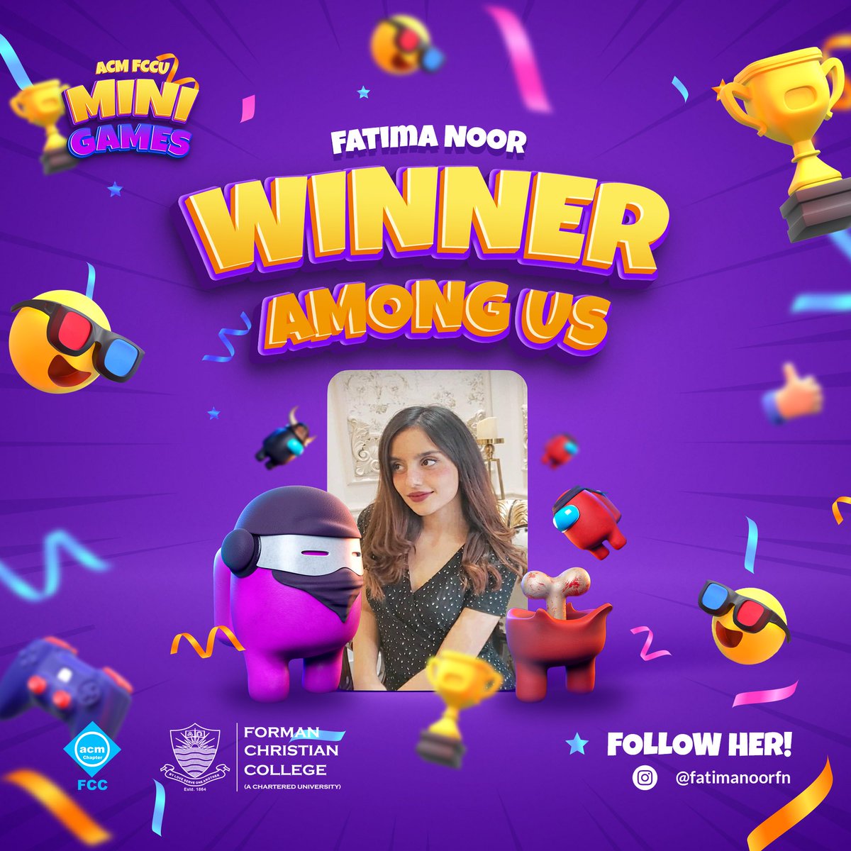 ACMFCCU's tweet photo. Presenting you the winner of among us Fatima Noor. She played really really well, and achieved a well deserved victory.
#acm #acmfcccu #fccu #fcc #fccollege #formanchristiancollege #formanite #formanites #myfccu #byloveserveoneanother https://t.co/du3iNrmiYg