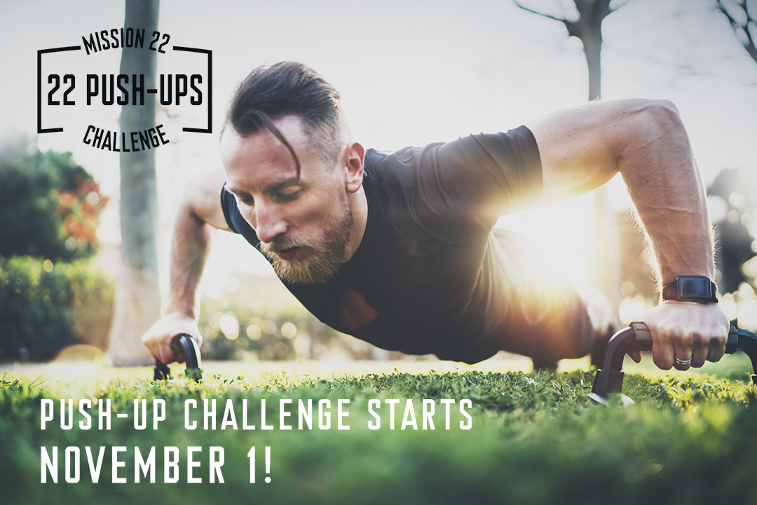 Mission22's tweet photo. Tomorrow it begins: the 22 Push-Up Challenge! Each day for the whole month of November, we'll do 22 push-ups. Head to Facebook to join, and help raise awareness of issues Vets face while raising funds supporting our long-term programs for Veterans and their families. #Mission22 https://t.co/tR6vysw6rJ