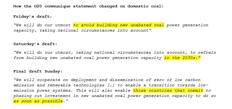 JavierBlas's tweet photo. Like sausages, the process of making a G20 communiqué isn't pretty. Here's how the wording changed from Fri until Sun on new domestic coal-fired stations, from an immediate stop, to one in the 2030s, to finally a vague voluntary commitment with not date | #COP26 #coal https://t.co/Qyvxd4wPhX