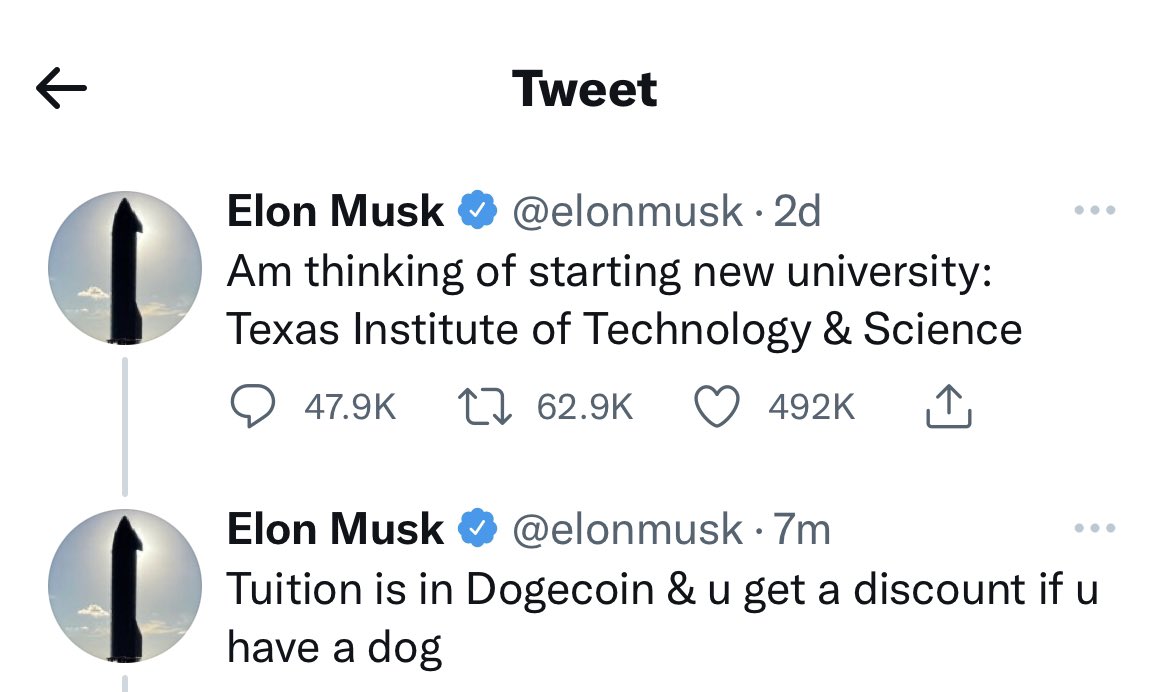 TDogewhisperer's tweet photo. Elon Musk is thinking of starting a new university T.I.T.S and tuition will be paid in #dogecoin 😂

#DogecoinToTheMoon 🐕 https://t.co/JWFv9UpgGk