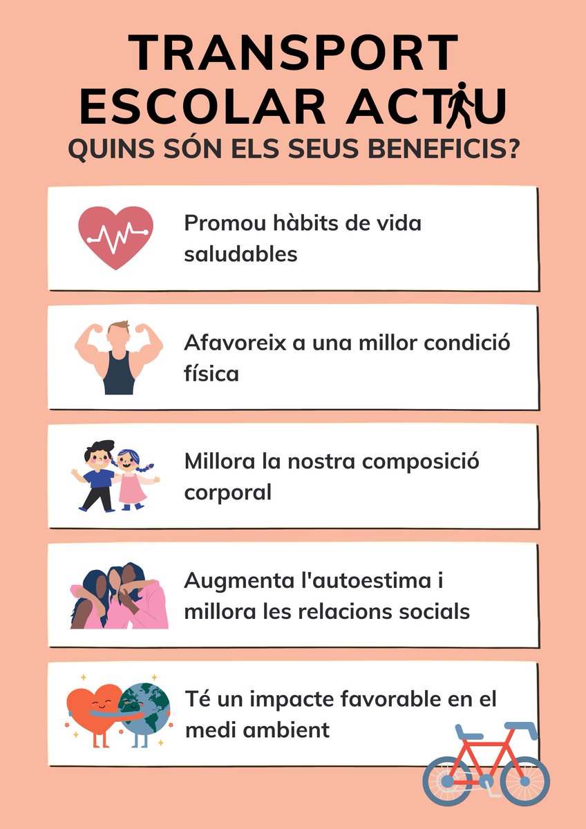 bielramisuib's tweet photo. El transport escolar actiu és una manera molt interessant de fomentar l'activitat física fora de l'horari escolar 🚴🏃‍♀️

Per això vos compartesc aquest pòster de creació pròpia sobre els seus beneficis! 💪

@EFsaludable_UIB #22121_UIB https://t.co/U4f5FucMi5