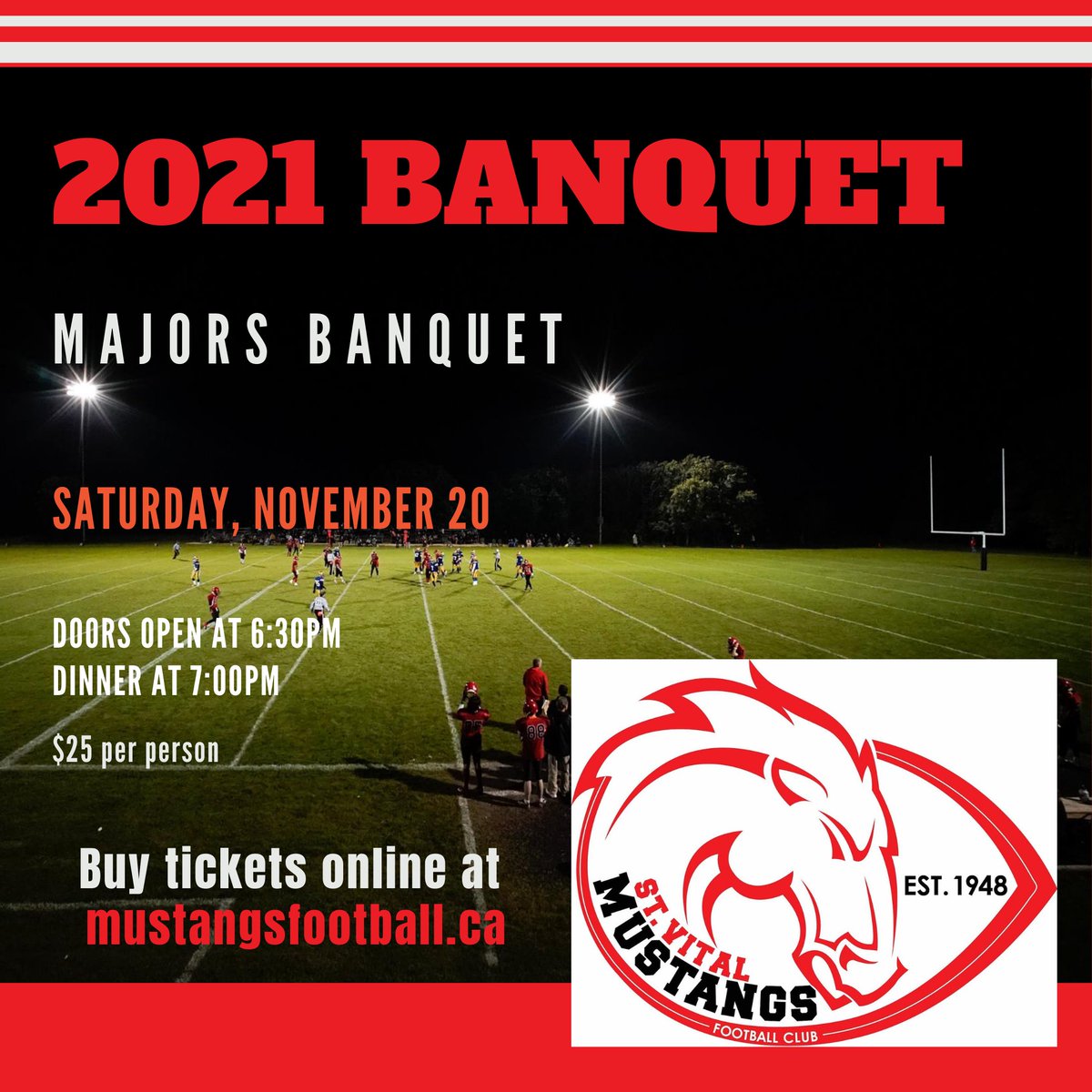 StVitalMustangs's tweet photo. Congrats to our Mustangs Majors for winning the 2021 championship game with a 25-14 victory over the East Side Eagles yesterday!
Time to celebrate. Year end banquet tickets are available online for all of our teams and can be easily purchased at https://t.co/pqsq3o7NOc. https://t.co/Foj8n4JOJ4