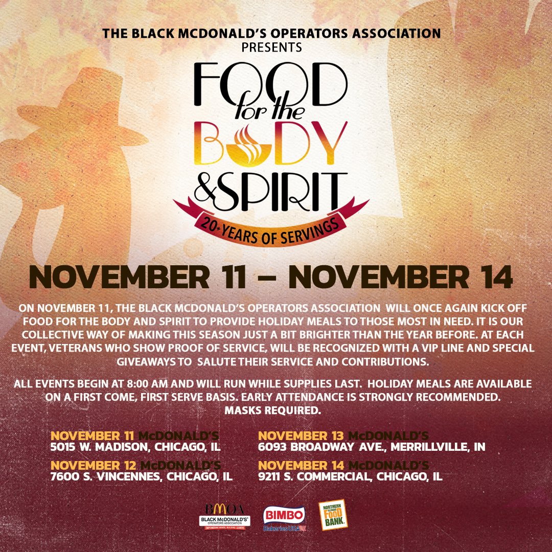 BMOAChicagoland's tweet photo. It’s that time of year again! Food for the Body and Spirit is coming to a McDonalds location near you! Once again, we’ll be giving away turkey and trimmings to families in need. Visit https://t.co/6bZrxbGHFC for locations. #seasonofgiving #bmoachicagoland #imlovinit #thanksgiving https://t.co/bctOEGkLz4