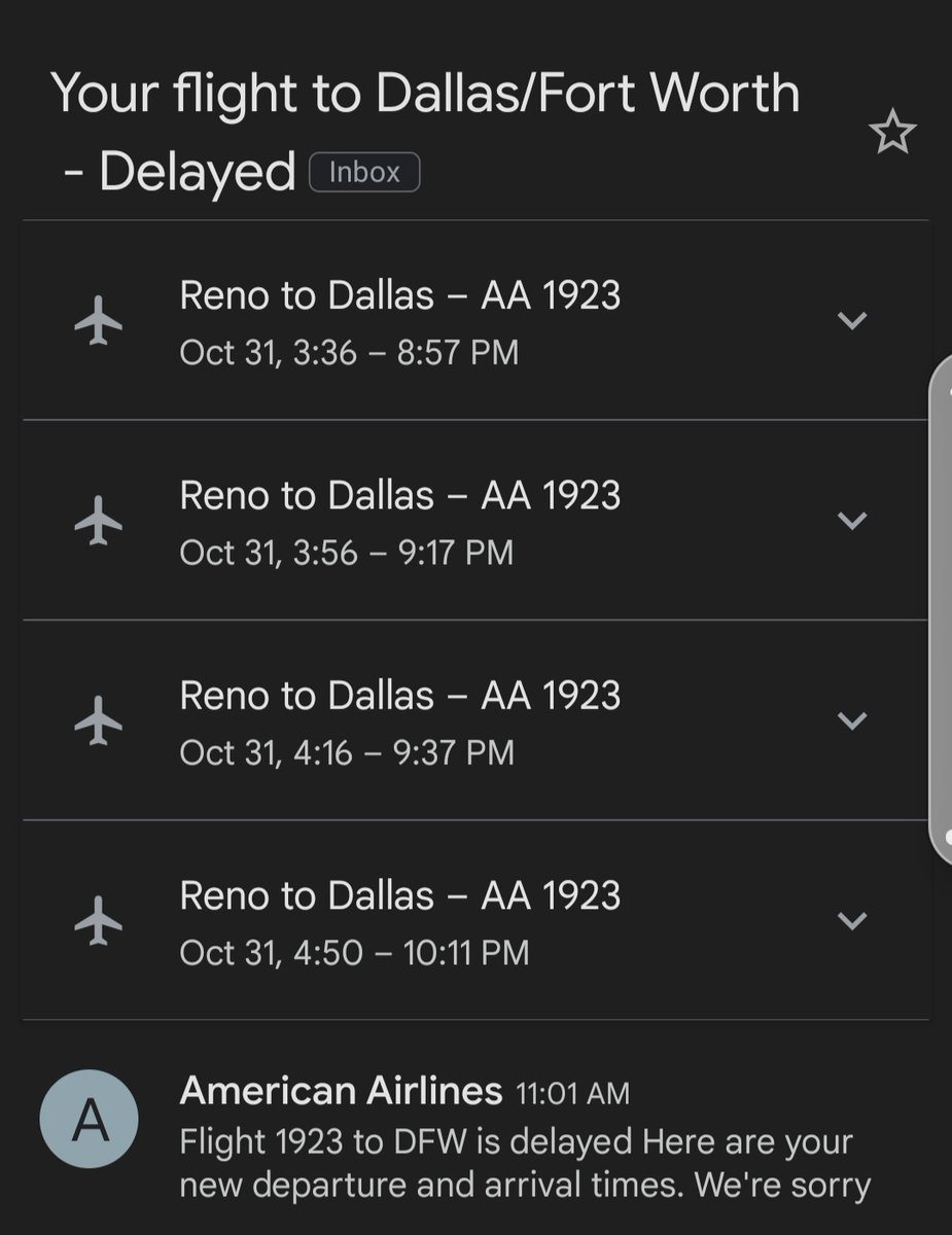 talkalota73's tweet photo. Fight out cancelled. Flight home cancelled. Was able to book on a later flight that may or may not get me home. #AmericanAirlines #justtryingtogethome https://t.co/Iiy529tBU2