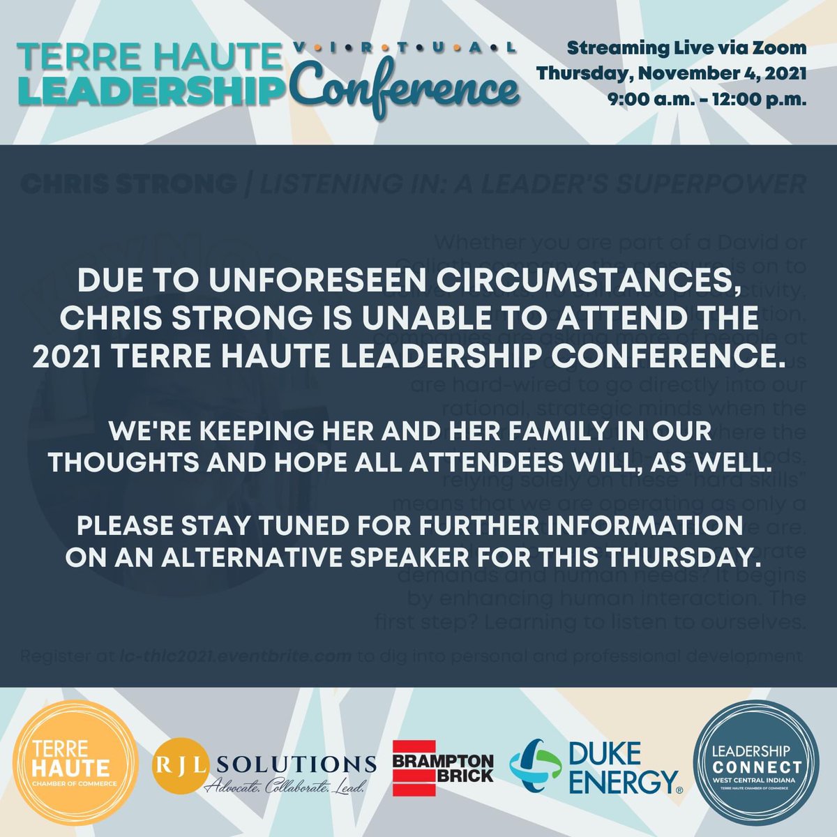 Lead_Connect_IN's tweet photo. A message about the 2021 Terre Haute Leadership Conference speaker lineup. https://t.co/Me6XujHjC4