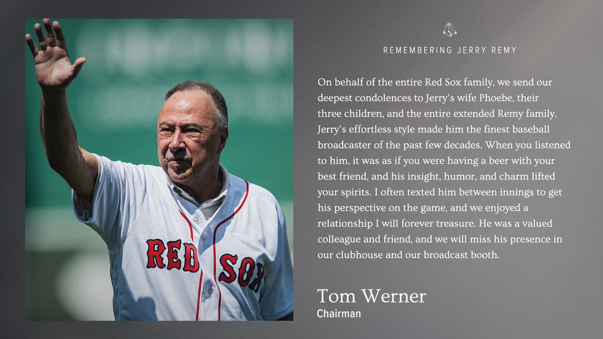 RedSox's tweet photo. A truly great player, broadcaster, and friend.

Jerry, you will be missed.
 
A statement from the Red Sox: https://t.co/DAlDl0CtfE https://t.co/P2qnVLo172