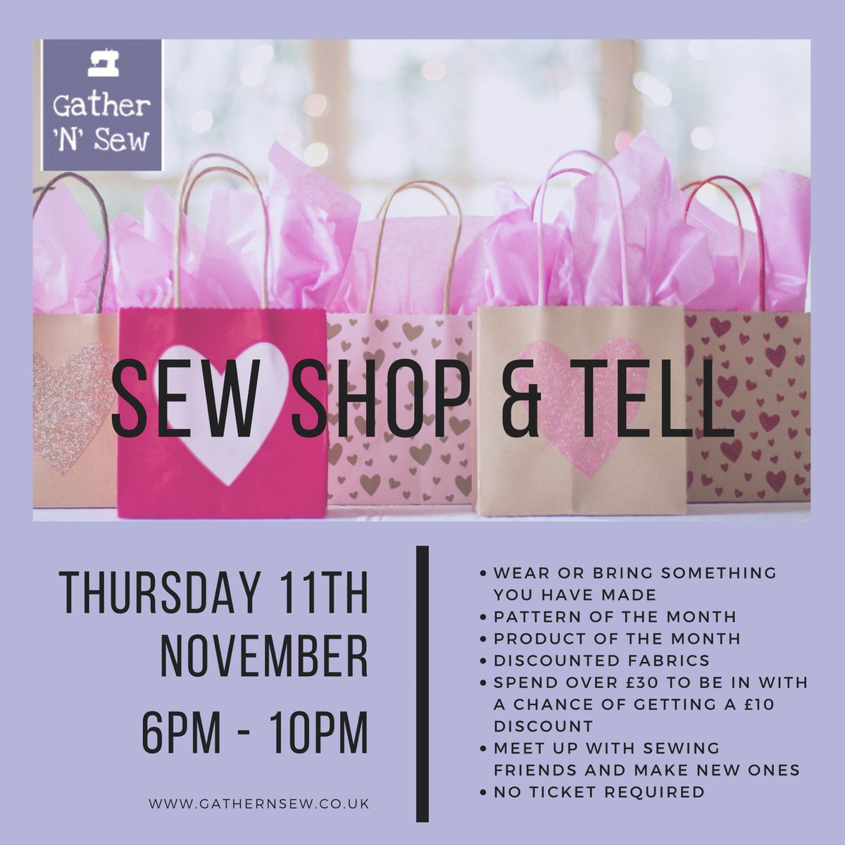 Gather_N_Sew's tweet photo. On Thursday 11th November between 6pm and 10pm we will be holding a Sew Shop and Tell event and you are invited. There will be discounted fabrics and bring or wear something you have made and catch up with your sewing friends. See you then.
🛍
#sewshopandtell #sewingevent https://t.co/q9WCuLt7Ur