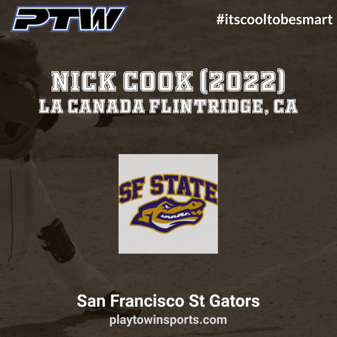 Nick Cook (2022, CA) is excited to be a Gator. He has decided on San Francisco State.
@nickcook2022 
<a href="/SFStateBaseball/">SF State Baseball</a> 
#itscooltobesmart
