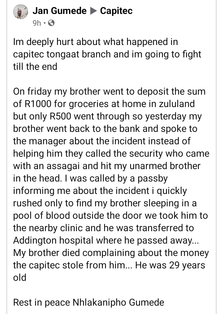JiyaYanga's tweet photo. Help me share this till it reaches #Capitec bank.
 His name was Nhlakanipho Gumede.🙏🙏🕊🕊🕊
#JusticeForNhlakanipho https://t.co/mNwgHIccTt