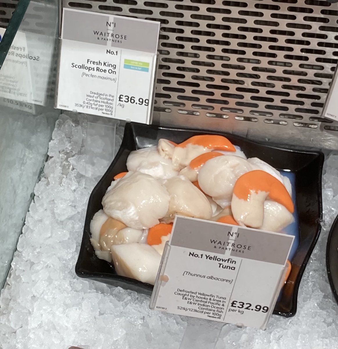 On 20 Oct I got an angry email from #waitrose. It said “We do not currently source any scallops from the West coast of Scotland.” Photo here taken today <a href="/waitrose/">Waitrose & Partners</a> fish counter of dredged #scallops from 'West of Scotland.’ I.e. from the UK’s most destructive fishery. #Scammers