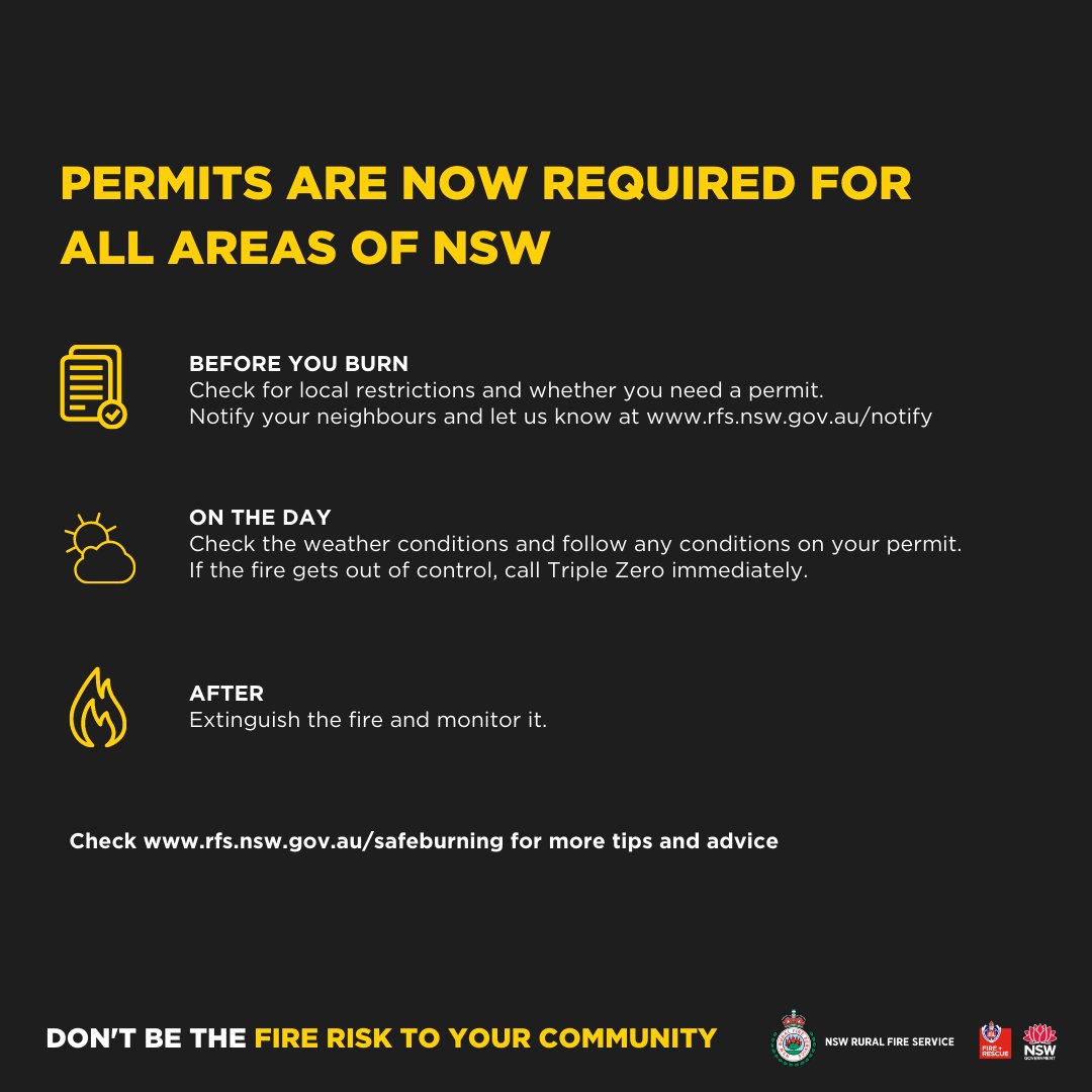 NSWRFS's tweet photo. Today sees the commencement of the Bush Fire Danger Period for the remainder of NSW (Albury City, Berrigan, Coolamon, Federation, Greater Hume, Junee, Lockhart, Snowy Valleys &amp; Wagga Wagga LGAs). Fire Permits are now required for all areas of NSW. https://t.co/sypRwkwhvK #NSWRFS https://t.co/g8f3z05ABD