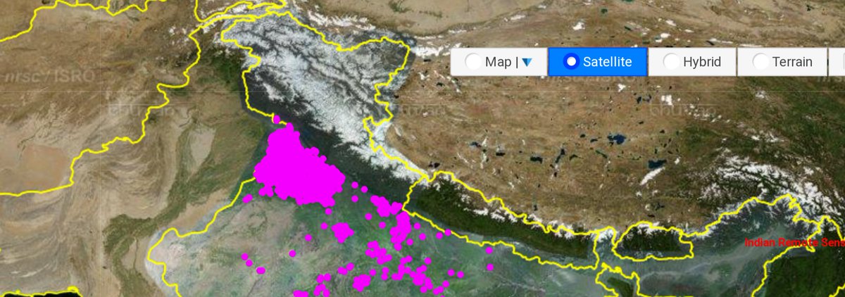 ISRO's Bhuvan shows the "Active Agricultural Fires" happening across the country or the ones that did in the last 24 hours.

(Diwali is still a week away. Don't be stubborn, don't burn stubble.)

Sourced from- bhuvan-app1.nrsc.gov.in/disaster/disas…