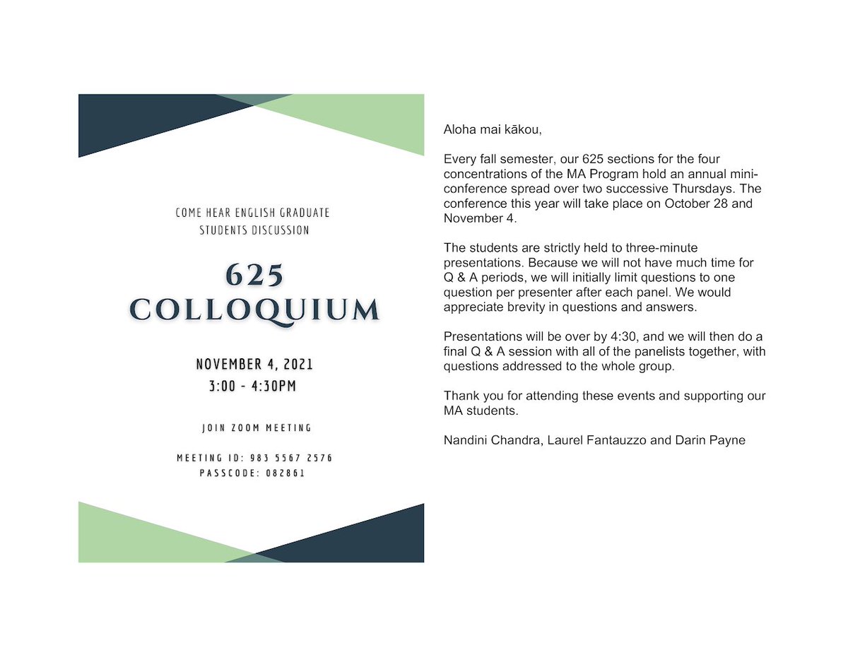 This Thursday, Nov 4th 3-4.30PM the English Department colloquium will be devoted to presentations by students in ENG 625.

Please see below for details and come to support our graduate students!