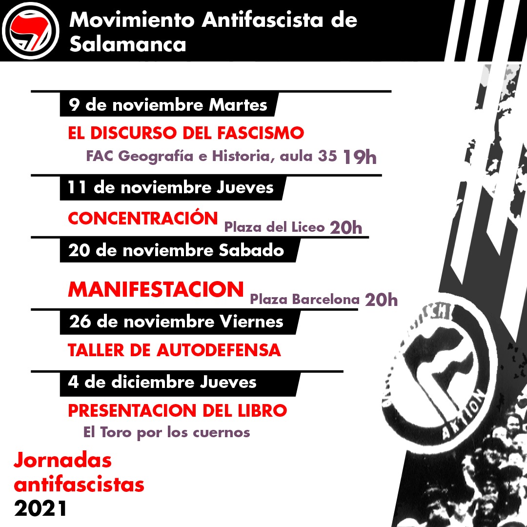 ColectivoCES's tweet photo. 👉 Y un año más,aquí está: 

‼️NOVIEMBRE ANTIFASCISTA 2021‼️
La juventud combativa de los barrios de la ciudad junto a diversas organizaciones de la ciudad nos unimos para sacar estas jornadas

Charlas, manifestaciones, talleres de autodefensa...

Por Salamanca, por nuestra clase https://t.co/cJJgZOB6O8