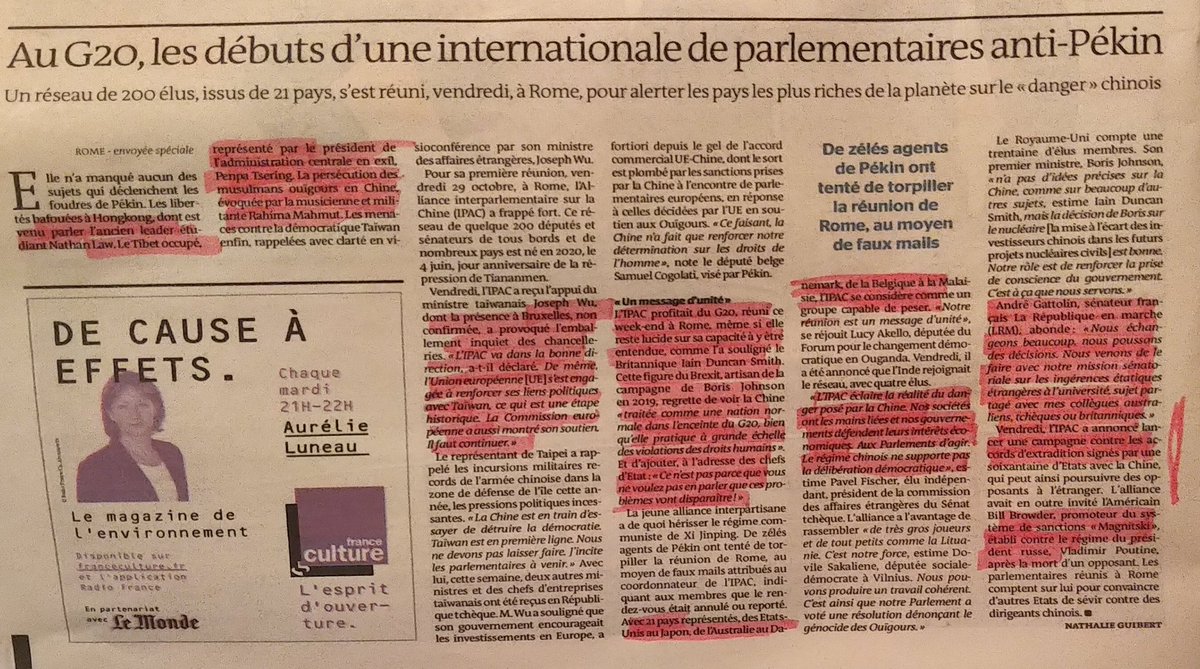 GiulioTerzi's tweet photo. .@ipacglobal :" Al G20, il debutto di una internazionale di parlamentari anti - Cina " titola @leMonde commentando positivamente importante delegazione  che rappresentava 200 parlamentari da 21 paesi.#Taiwan,#HongKong, #MagnitskyAct al centro dei lavori. https://t.co/mp6ZQG3diY