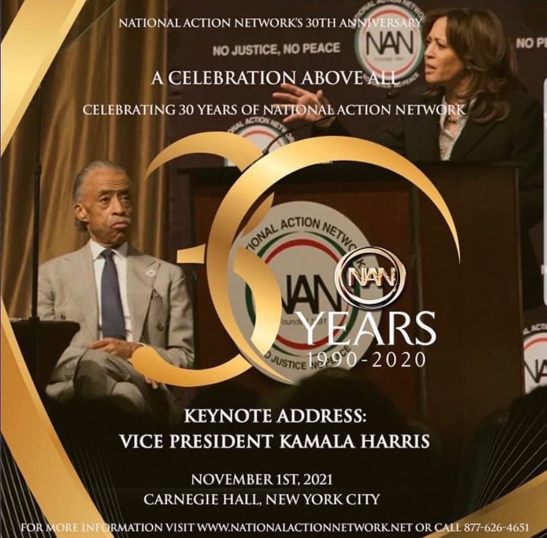 NationalAction's tweet photo. Monday, November 1st, 2021, United States Vice President Kamala Harris will deliver the keynote address at Reverend Sharpton’s and NAN’s “Celebration Above All” event marking three decades of activism by the National Action Network.
#NAN30 https://t.co/lH8pWxo1LA