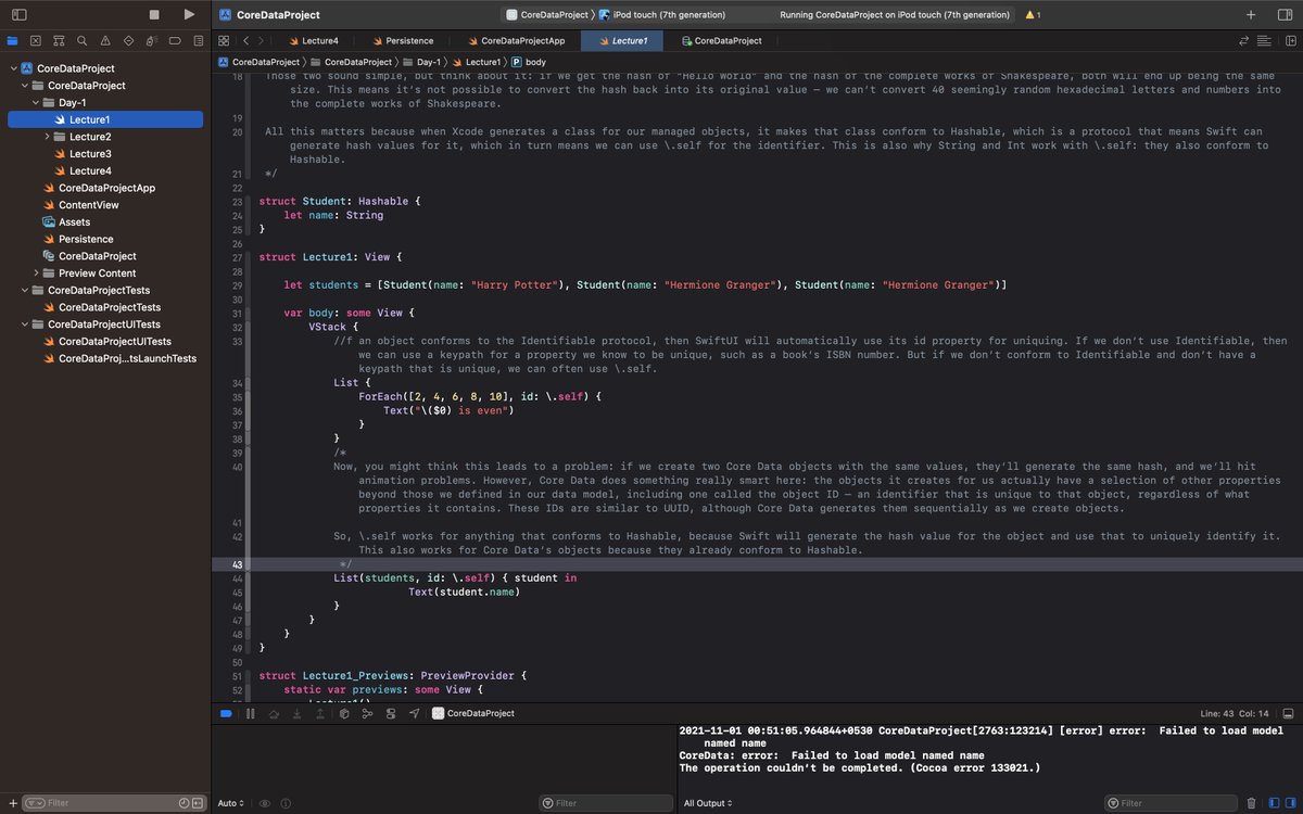 Javac_dev_harsh's tweet image. Day 52 of #Swift/#SwiftUI (2/2) -&amp;gt;
😍Learnt about Hashable, NSManagedObject  subclasses
🤓Facing some problems in the course
🤠Will learn more deeply about CoreData in SwiftUI
#100daysofcodechallenge #100DaysOfCode
#100DaysOfSwiftUI😞
Screenshots of today&apos;s learning-: