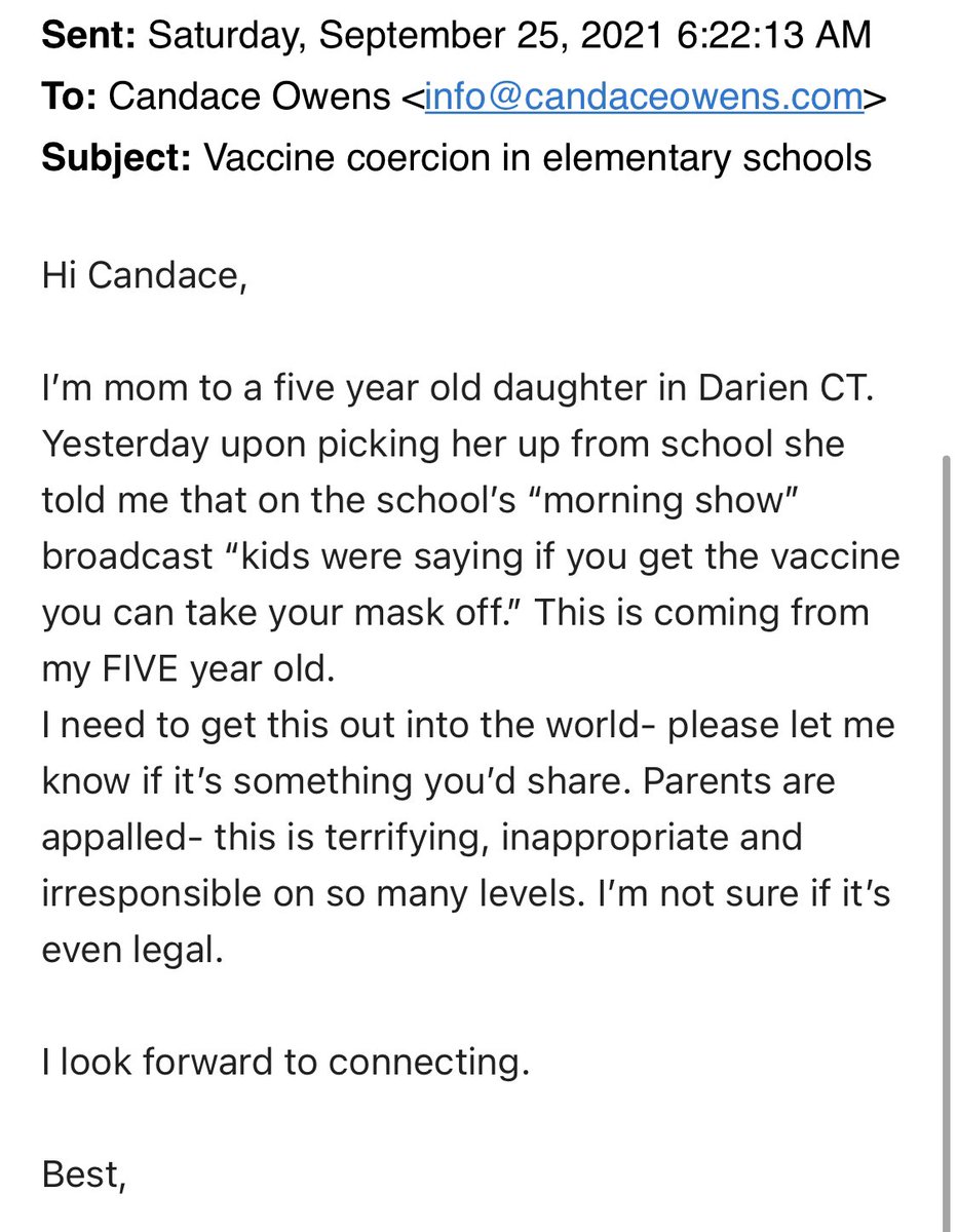 I received this e-Mail from a mom in Connecticut. Note the date is September of this year— before the FDA approved the vax for small kids. This means government schools were already conditioning young kids to want the vaccine by associating it with permission to breathe freely.