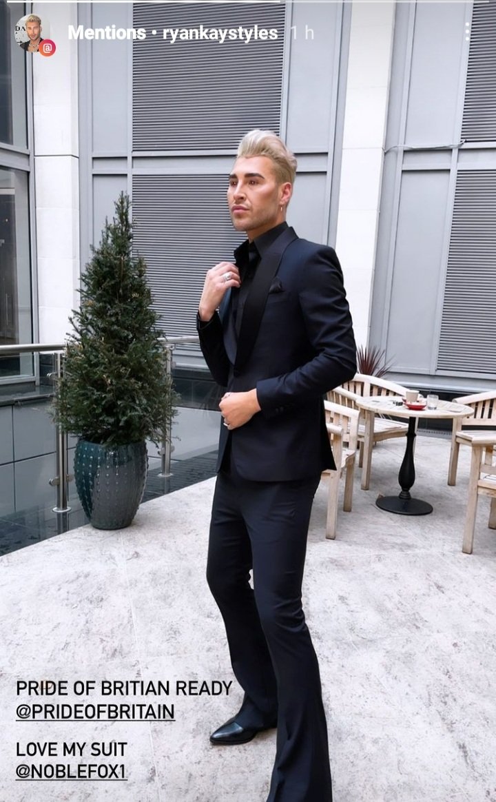 NOBLE_FOX_'s tweet photo. @ryankaystyles wearing his stunning @NOBLE_FOX_ outfit at the #PrideOfBritain awards, looking so cool buddy. https://t.co/XQHRY0aiMY