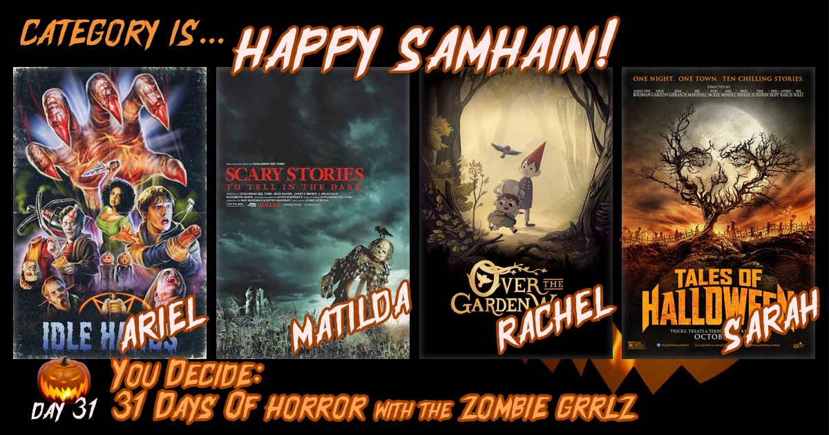 zgpodcasts's tweet photo. Day 31 #Samhain - Ariel's #IdleHands is a 90s treat; Matilda's #ScaryStoriesToTellInTheDark is a waking nightmare; Rachel's #OverTheGardenWall is spooky/charming & Sarah's #TalesOfHalloween is a perf holiday watch. Happy Halloween! #31daysofhorror #spookyseason #octoberwatchlist https://t.co/6yRvdDlP29