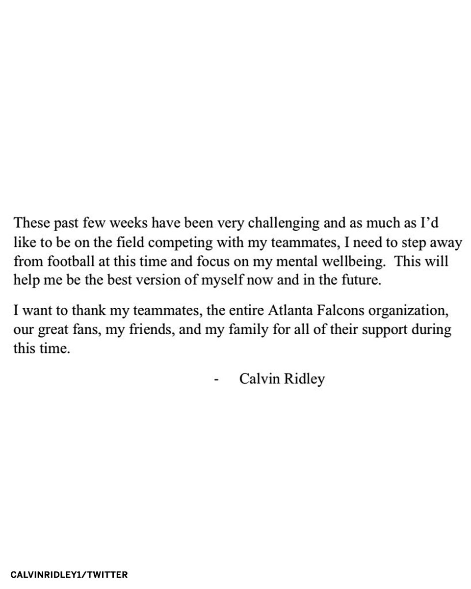 espn's tweet photo. Calvin Ridley released a statement saying he will be stepping away from football at this time to focus on his mental well-being.

(via @CalvinRidley1) https://t.co/66VjFwph5g