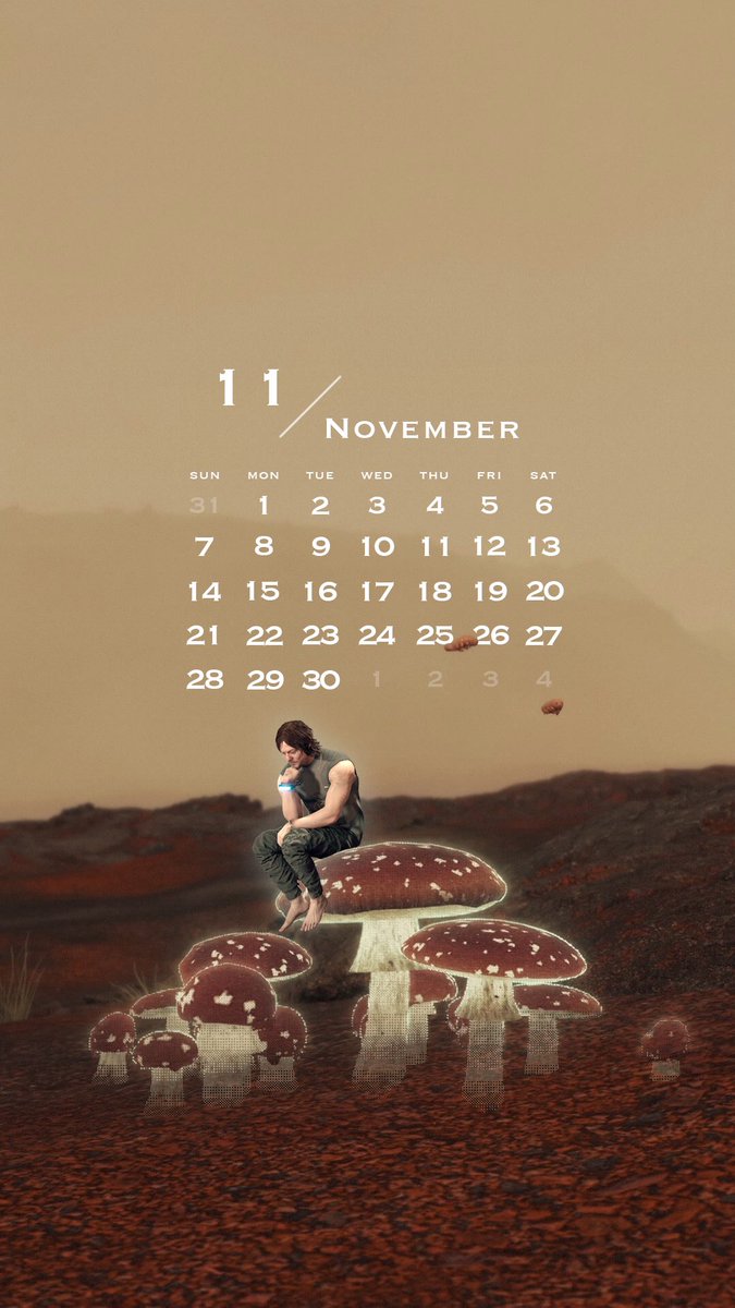 11月のロック画面カレンダーです 今回はシンプルめなデザインに 秋の味覚や澄んだ空で近づいてくる冬を感じてください 1枚目のきのこに座る妖精サム 小さくて可愛いくないですか Deathstranding デススト Rikaコラ Rikaロック画面カレンダーpic Twitter
