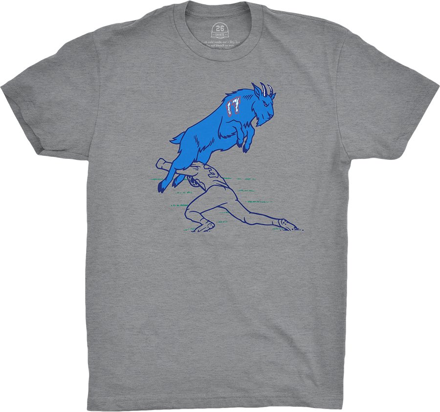 26shirts's tweet photo. You know the drill. When the good guys win, we release early! “Jumping GOAT” supports Nate Gebbie, and is available two weeks (and half a day) only: https://t.co/F1WruXqH9Q #BillsMafia https://t.co/q7tIGmG6dN