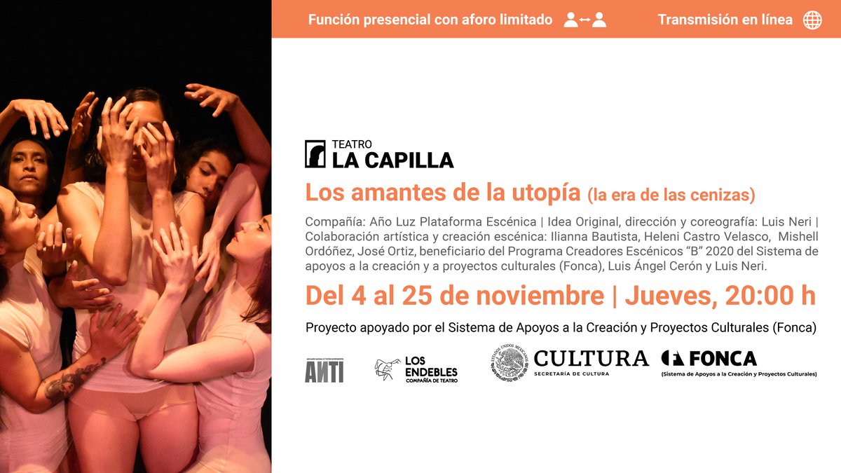 LaCapillaTeatro's tweet photo. La danza contemporánea habitará nuestro espacio con esta propuesta de un mundo post-apocalíptico que presenta Año Luz Plataforma Escénica. Música en vivo a cargo de Alina Maldonado.

Jue 8pm | 4-25 nov
🎟️https://t.co/uD4RliALD4 https://t.co/tzov3QrgbK