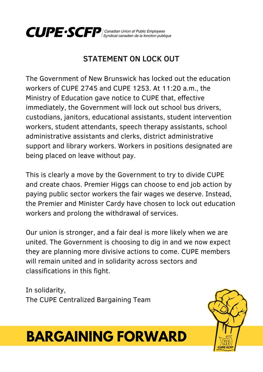 CupeMaritimes's tweet image. Frontline workers and the people of New Brunswick will not be divided. #CUPE #strike #lockout #nbpoli #canlab