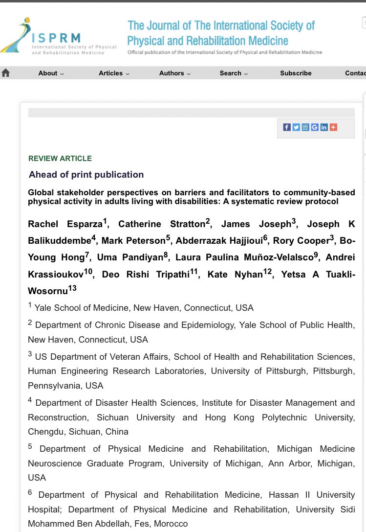 Through a collaboration with <a href="/cathsmstratton/">Catherine Stratton, MPH</a> <a href="/sportsequitylab/">Sports Equity Lab</a> <a href="/HAJJIOUIABDO/">HAJJIOUI ABDERRAZAK</a> &amp; others in the <a href="/ISPRM/">ISPRM</a> Physical Activity (PA) for People with Disabilities TF, we are systematically reviewing barriers &amp; facilitators to PA worldwide, protocol now in print 👀 bit.ly/3nDXa4s