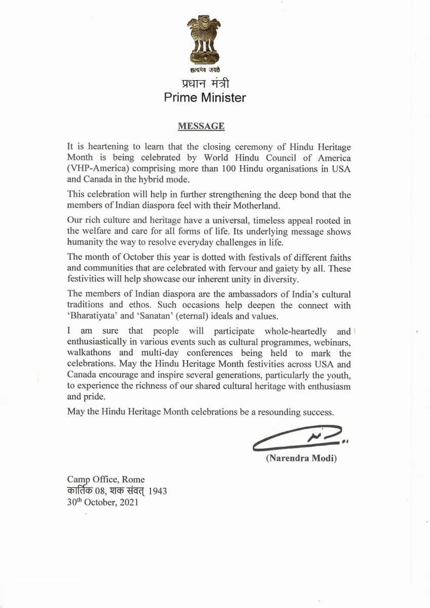 #India #PrimeMinister @PMOIndia @narendramodi recognizes contribution of global #Hindus and #HinduHeritageMonth #October2021 @hindupact @hssusa @HinduYUVAUSA @CoHNAOfficial @HinduAmerican @HinduStudentsC