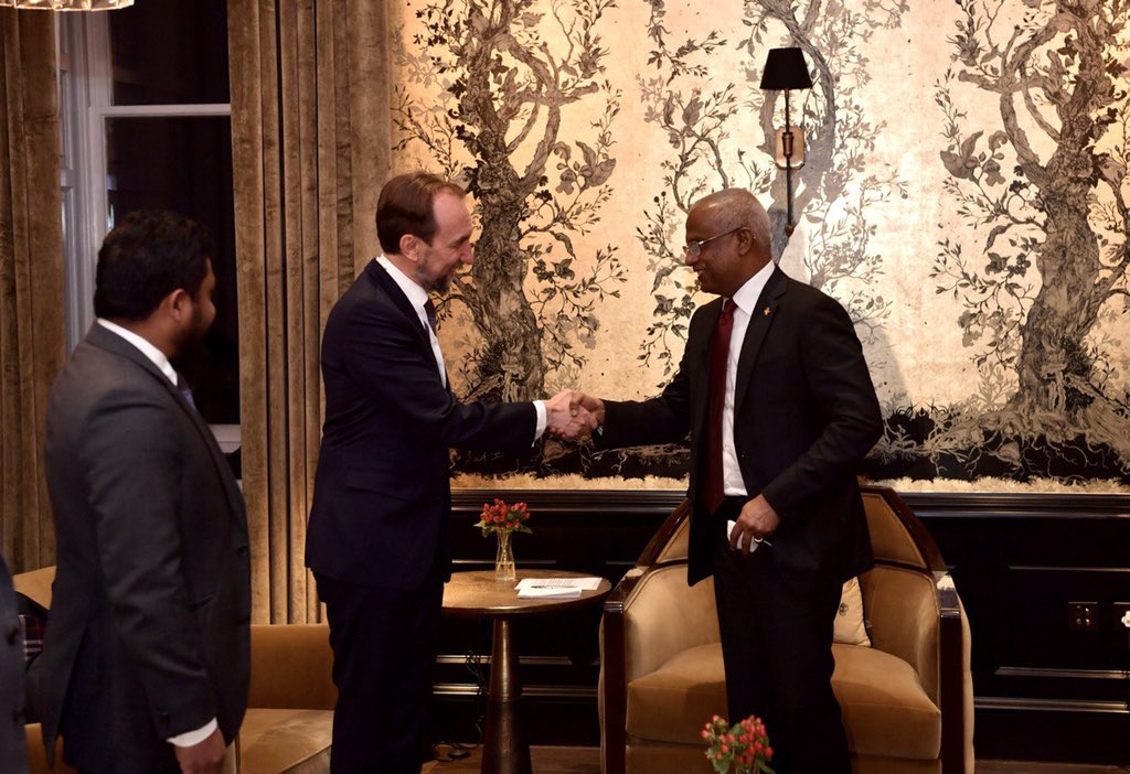presidencymv's tweet photo. President @ibusolih meets with former UNHRC, Prince Zeid Ra'ad Zeid Al Hussein. 
  
#COP26 #TogetherForOurPlanet #MaldivesAtCOP26 https://t.co/dTbMbBd7qS