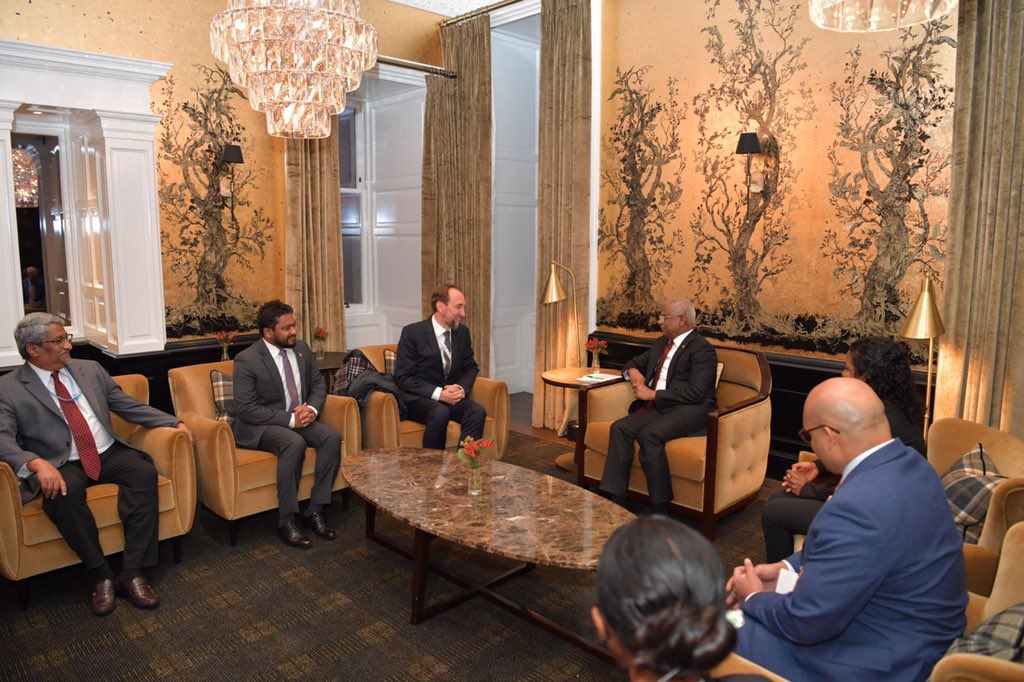 presidencymv's tweet photo. President @ibusolih meets with former UNHRC, Prince Zeid Ra'ad Zeid Al Hussein. 
  
#COP26 #TogetherForOurPlanet #MaldivesAtCOP26 https://t.co/dTbMbBd7qS