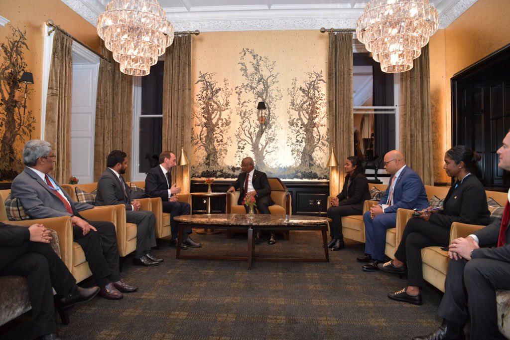presidencymv's tweet photo. President @ibusolih meets with former UNHRC, Prince Zeid Ra'ad Zeid Al Hussein. 
  
#COP26 #TogetherForOurPlanet #MaldivesAtCOP26 https://t.co/dTbMbBd7qS